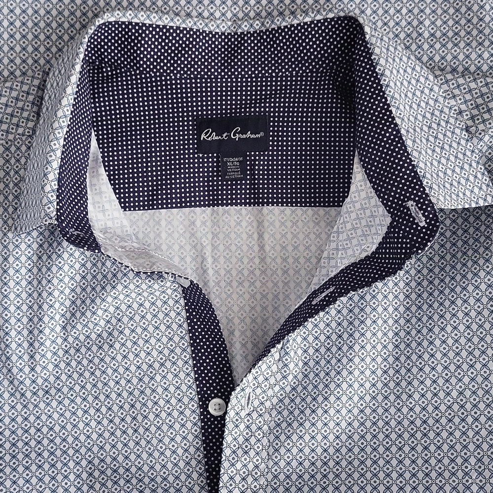 Robert Graham Classic Fit Shirt XL - Blue Geometric Print with Contrast Cuffs